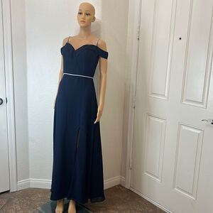 Elizabeth K GLS Dress Small Navy Blue Rhinestone Sweetheart Neck Cold Shoulder